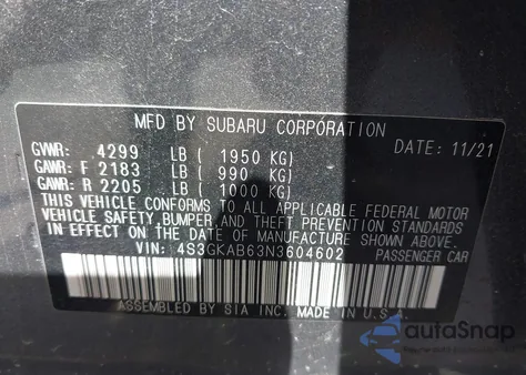 2022 Subaru Impreza from USA, damaged, VIN 4S3GKAB63N3604602